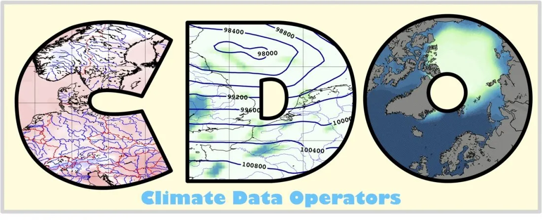 The letters CDO filled with climate maps, above the words Climate Data Operators.